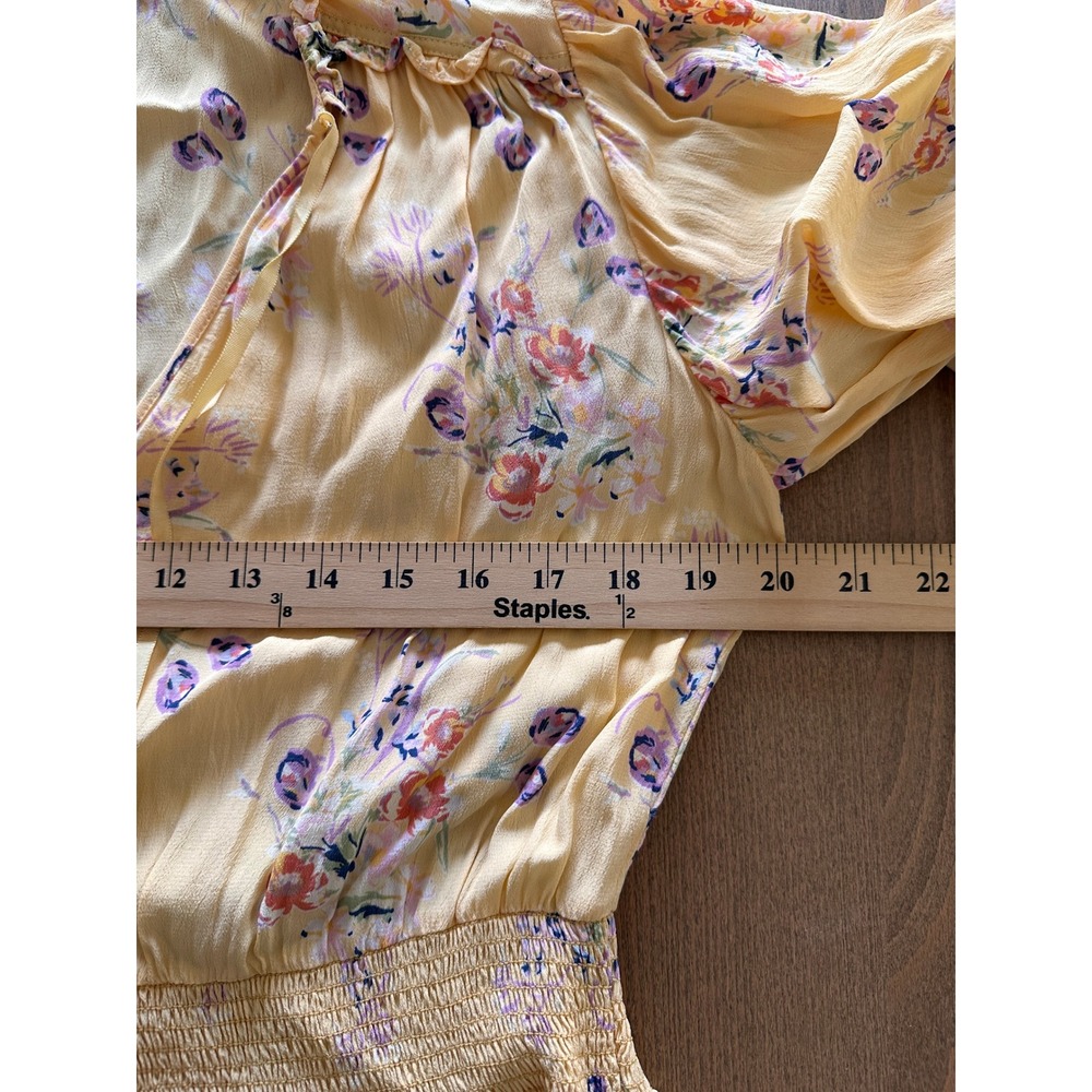 byTiMo Yellow Floral Ruffle Smocked Mini Dress Womens Large Boho Tiered Viscose - Picture 6 of 9